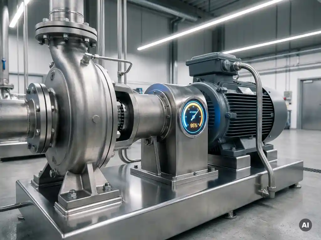 Industrial pump and motor assembly with magnetic coupling and efficiency gauge on a polished steel test bench under factory lighting.