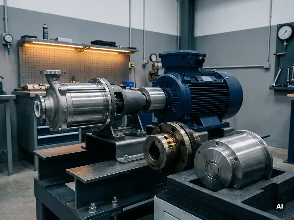 Precision-machined industrial pump assembly on a steel test bench beside a worn mechanical coupling and magnetic drive unit.