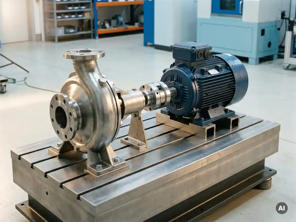 Industrial pump and motor assembly on a steel test bench, connected by a torque measurement coupling under soft studio lighting.