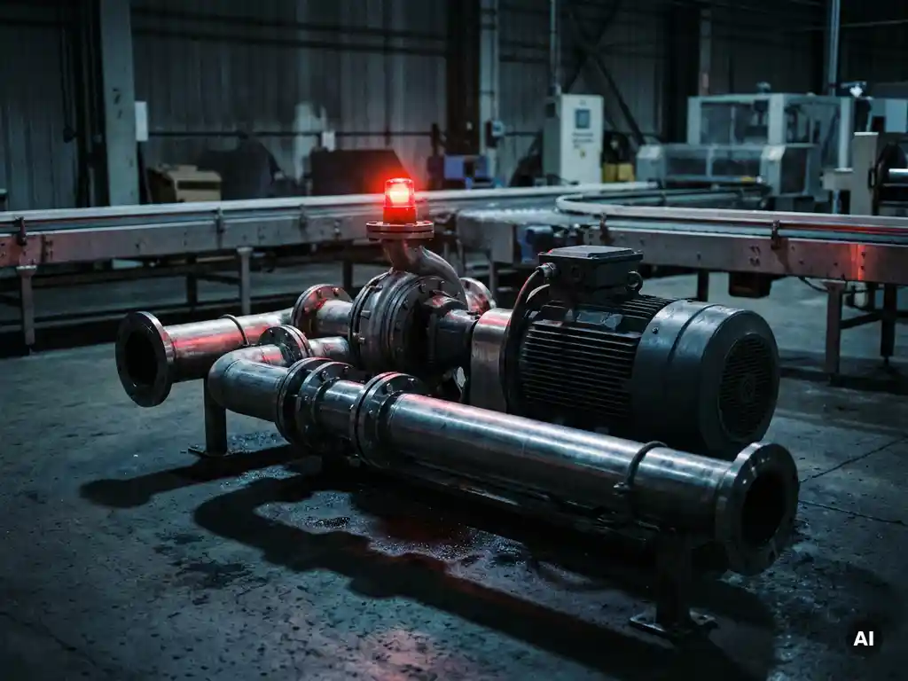 Industrial pump and motor assembly stopped on a factory floor, red warning light casting shadows over steel surfaces with idle conveyor belts behind.