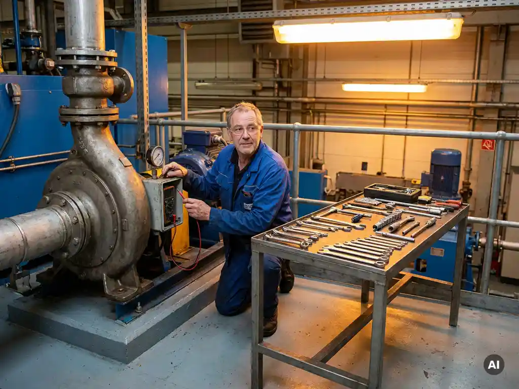 Maintenance technician inspecting industrial pump system on factory floor, tools arranged on steel workbench, warm overhead lighting.