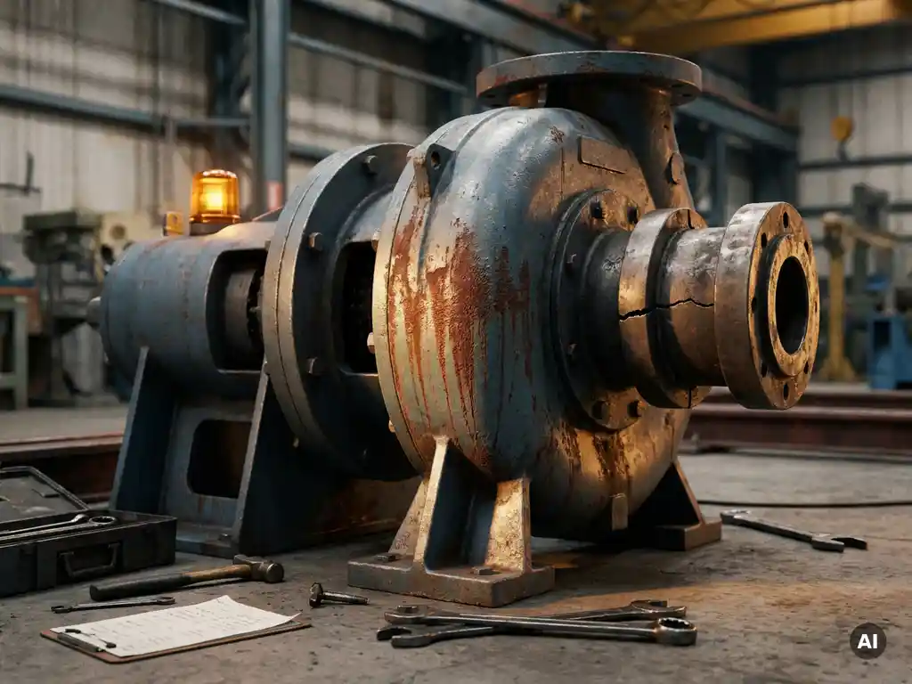 Heavy-duty industrial pump with rust streaks and cracked coupling on factory floor, surrounded by maintenance tools under amber warning light.