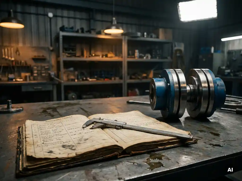 Weathered maintenance logbook open on a steel workbench beside a magnetic coupling component, worn caliper resting across the pages in an industrial workshop.