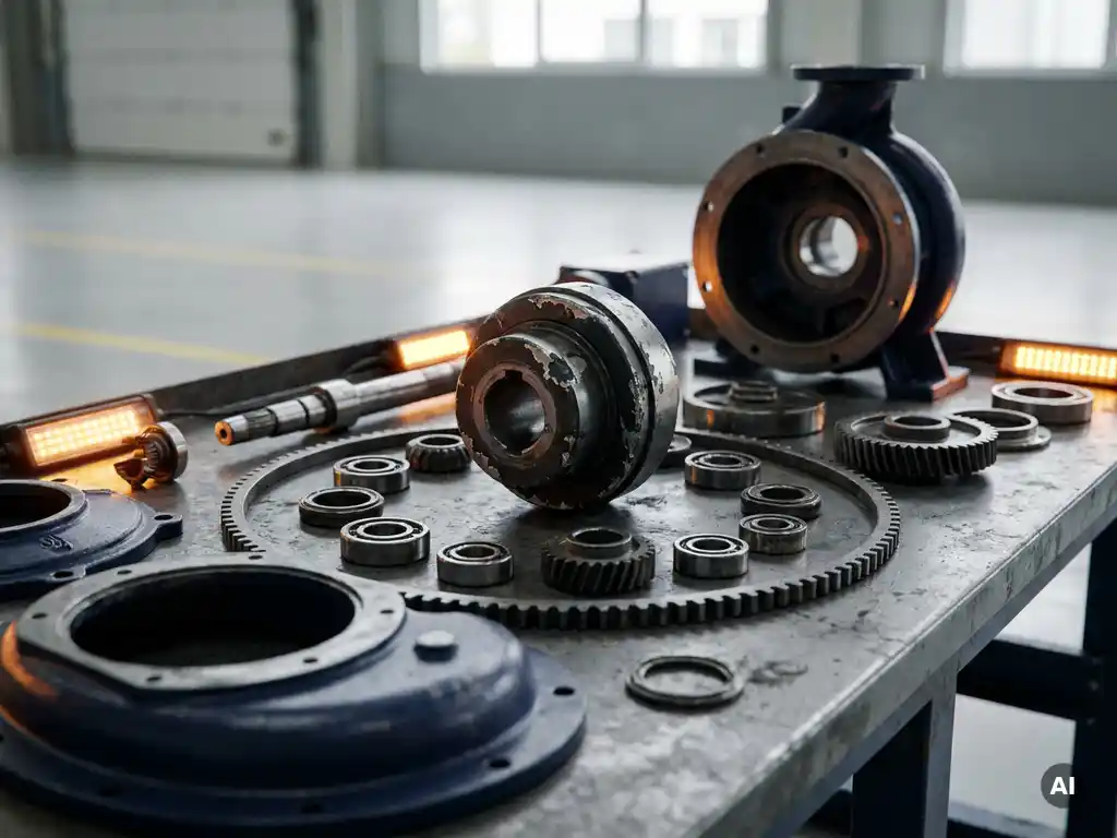 Disassembled industrial pump on a steel workbench with worn magnetic coupling component identified as the root cause, surrounded by mechanical parts.