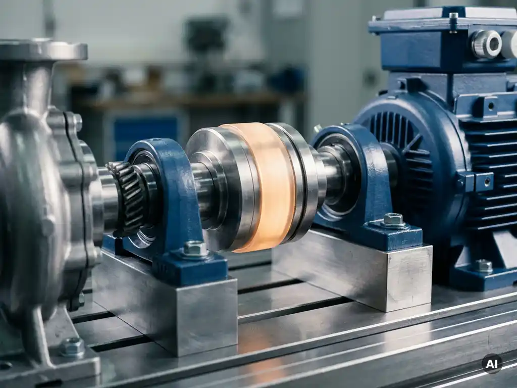 Industrial pump-motor assembly on a steel test bench featuring a non-contact magnetic coupling with amber glow at its core.