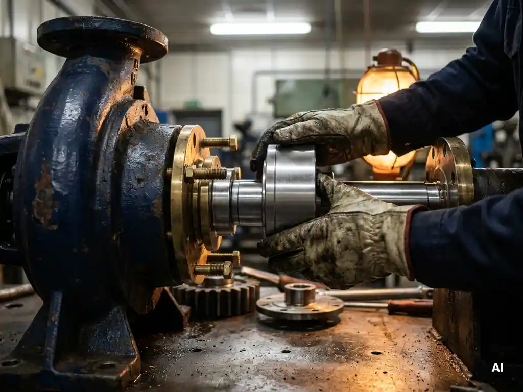 Technician in gloves installing a magnetic coupling device onto a worn industrial pump on a steel factory floor.
