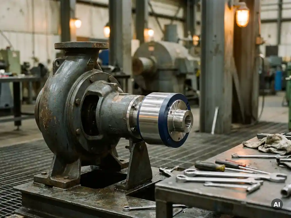 Industrial centrifugal pump with magnetic drive coupling on factory floor, unused maintenance tools nearby, lit by warm amber workshop lighting.