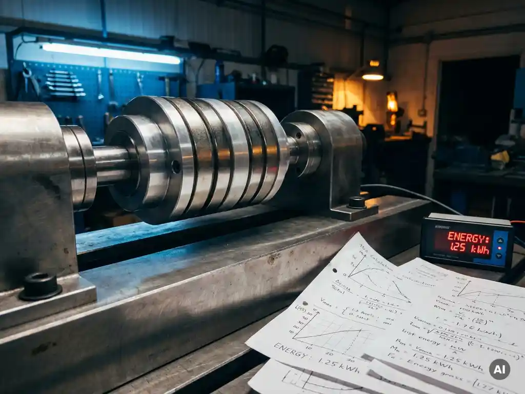 Magnetic drive coupling on steel test bench with engineering cost sheets and digital energy meter in industrial workshop.