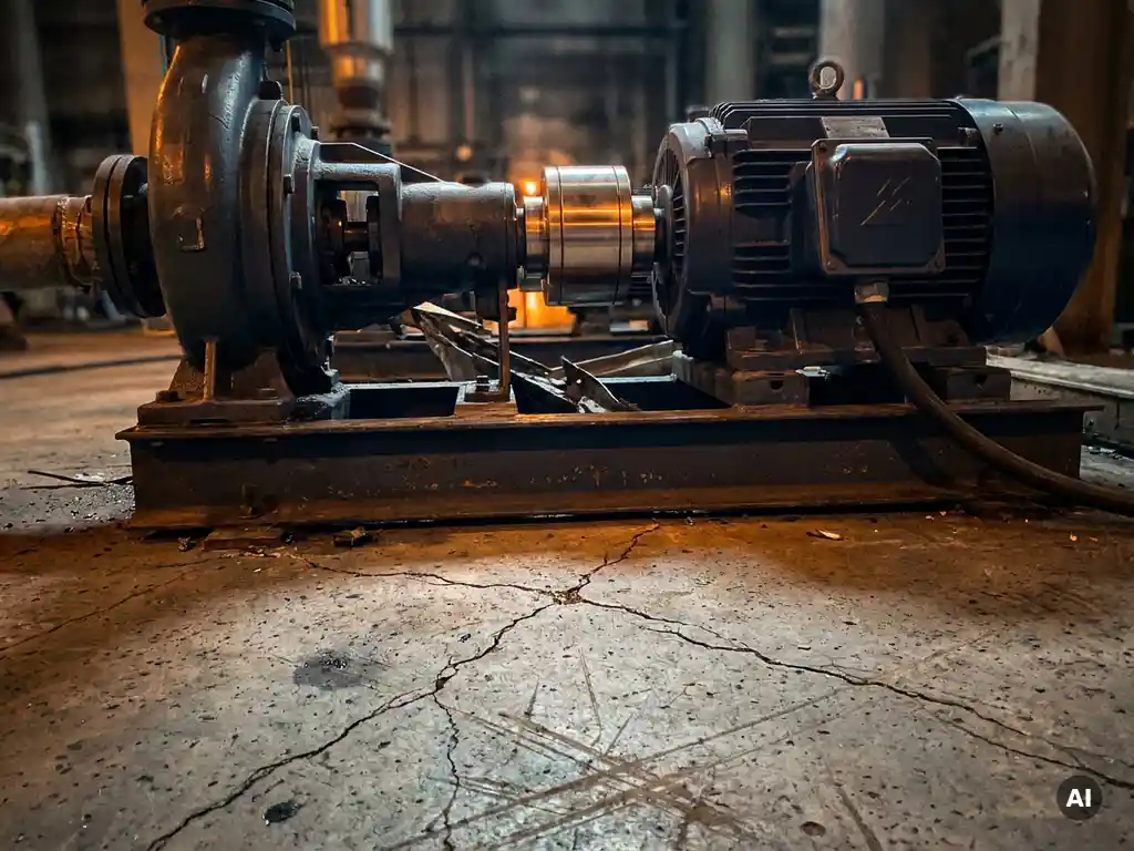 Heavy industrial pump and motor assembly on a steel baseframe, magnetic drive coupling intact amid earthquake-cracked concrete floor under amber emergency lighting.