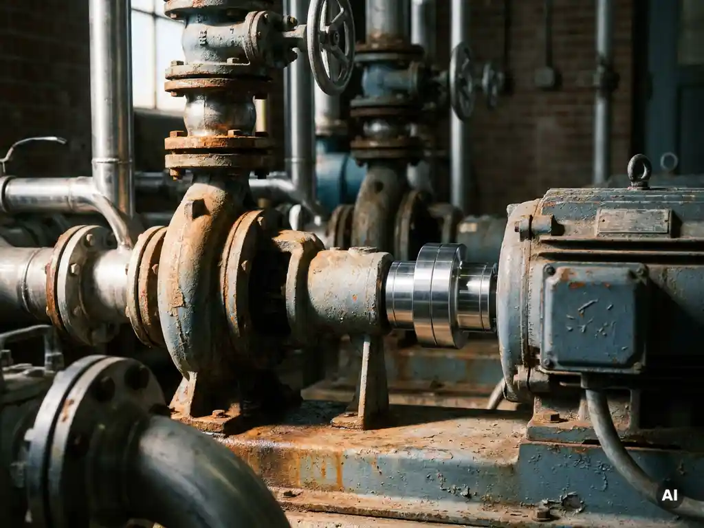 Magnetic drive coupling installed on a weathered industrial pump at a water treatment facility, stainless steel pipes and valve wheels visible nearby.