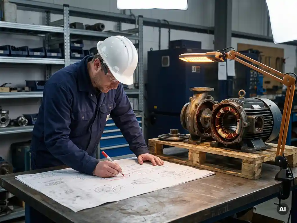 Mechanical engineer in a hard hat marking failure points on a technical diagram beside a disassembled industrial pump motor on a steel workbench.