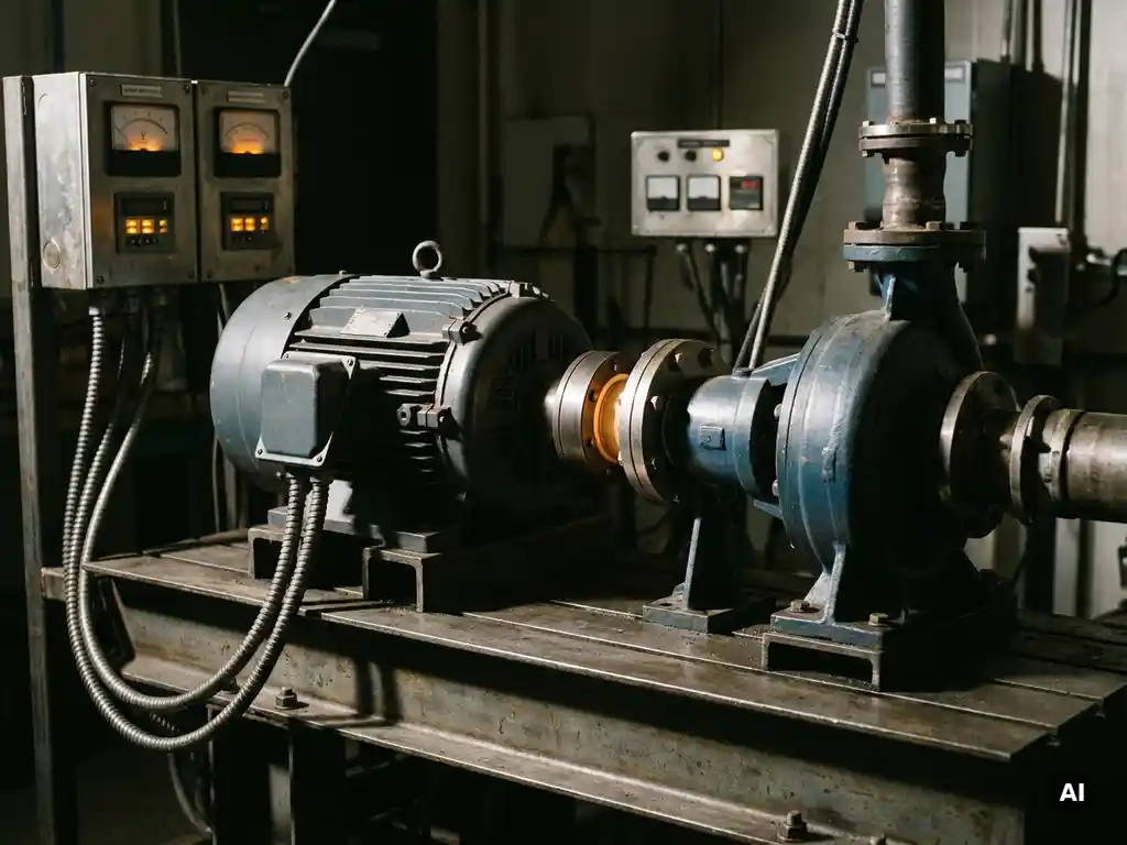 Industrial electric motor connected to a centrifugal pump via glowing amber magnetic drive coupling on a steel test bench with power monitoring gauges.
