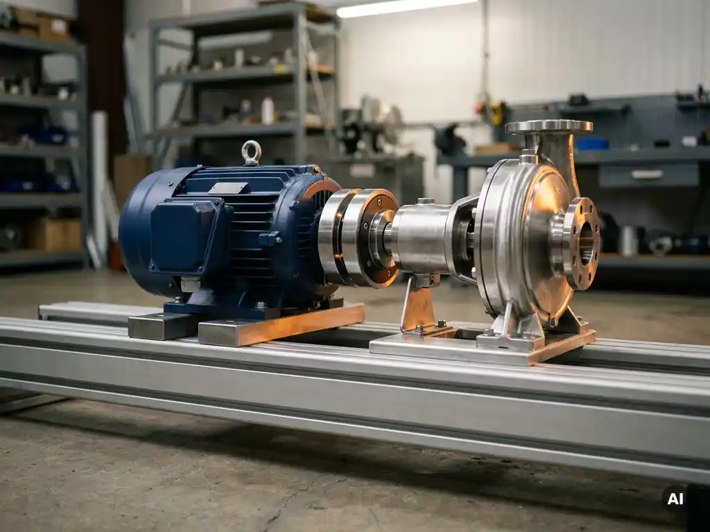 Blue electric motor magnetically coupled to a centrifugal pump on a machined steel rail test bench, with a visible floating gap between components.