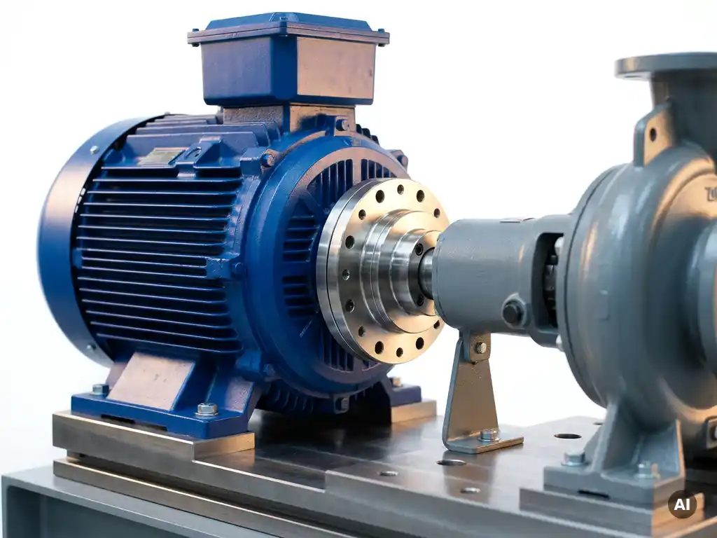 Industrial electric motor coupled to a centrifugal pump with a torque measurement flange on a grey steel test bench.