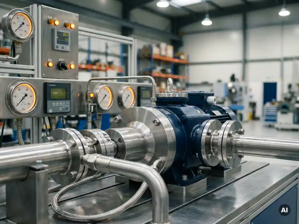 Precision-machined industrial pump assembly on a polished steel test bench with calibration gauges and coupling flange detail.
