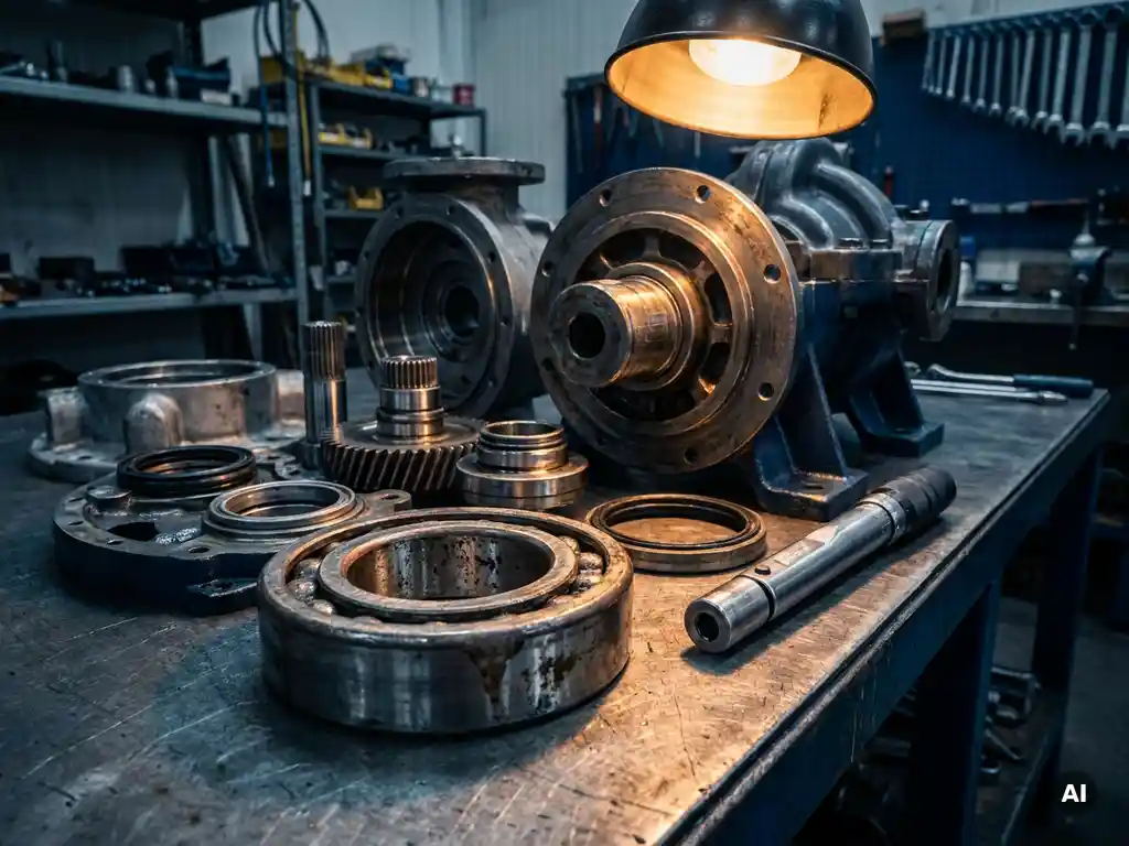Disassembled industrial pump on a steel workbench, components arranged beside a torque coupling with a worn bearing isolated under focused amber lighting.