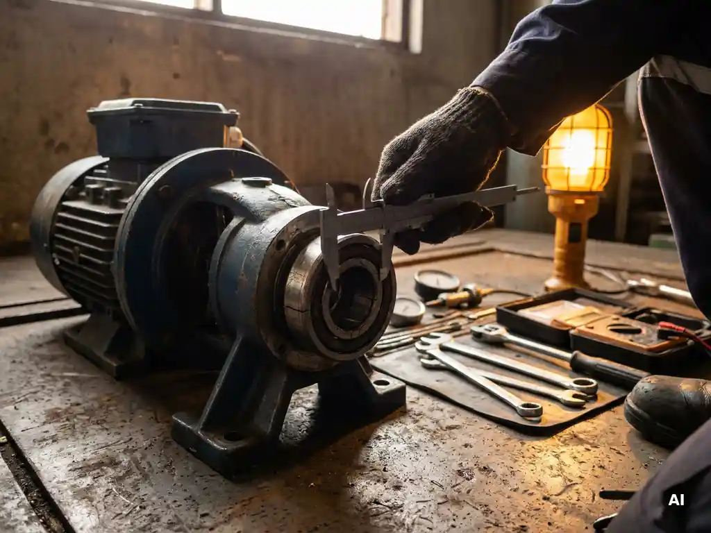 Maintenance engineer measuring a cracked pump bearing with precision calipers during industrial motor disassembly on workshop floor.