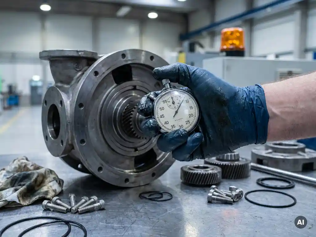 Maintenance technician's gloved hand holding a stopwatch over a disassembled industrial pump with scattered bolts and seals on a steel workbench.