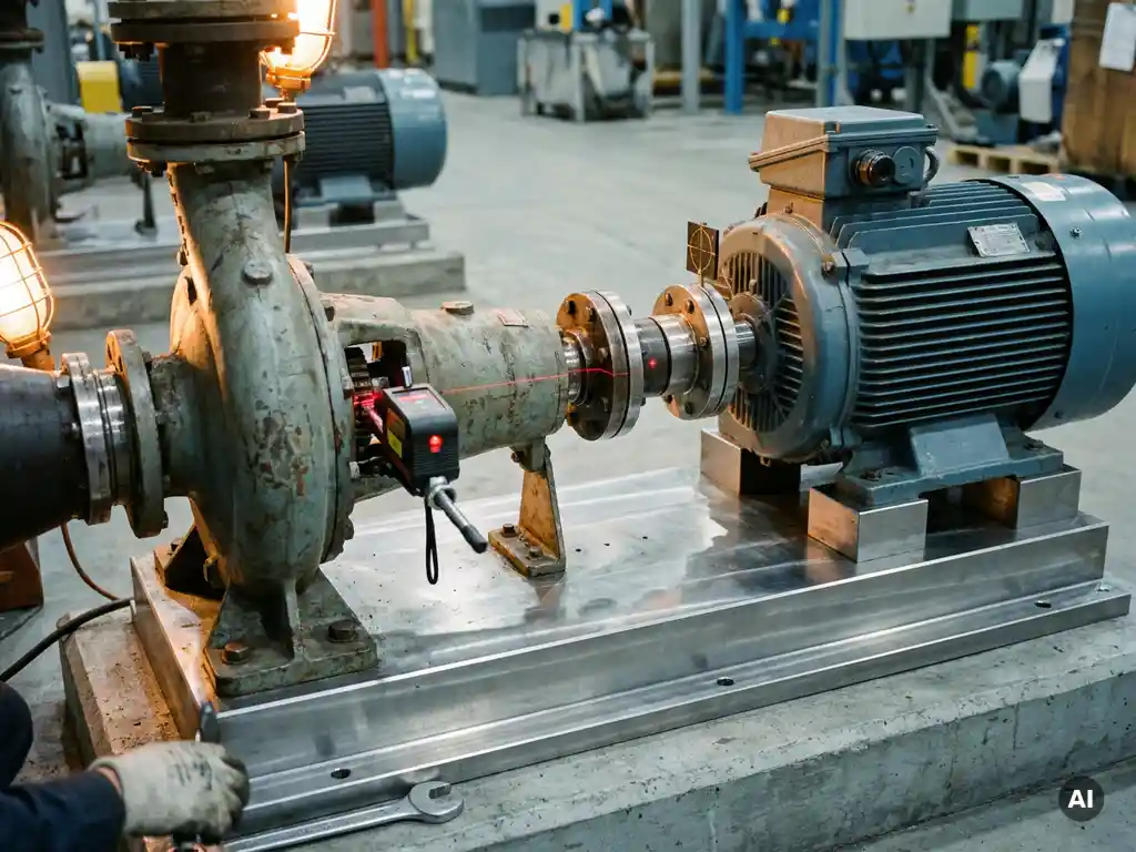 Industrial pump and electric motor on steel baseplate with laser alignment tool revealing angular shaft coupling misalignment.