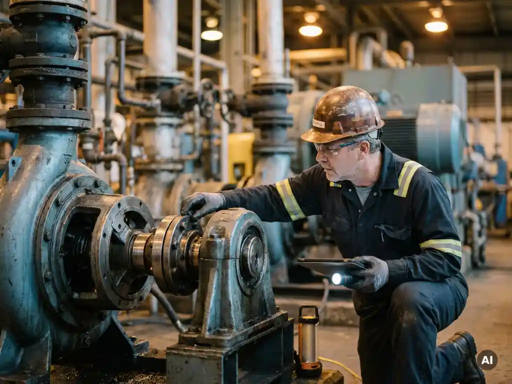 Reliability engineer in a hard hat inspecting an industrial pump assembly on a factory floor surrounded by pipes and machinery.