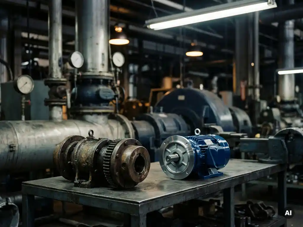 Vintage mechanical coupling and modern magnetic drive unit side by side on a steel workbench in an industrial factory setting.