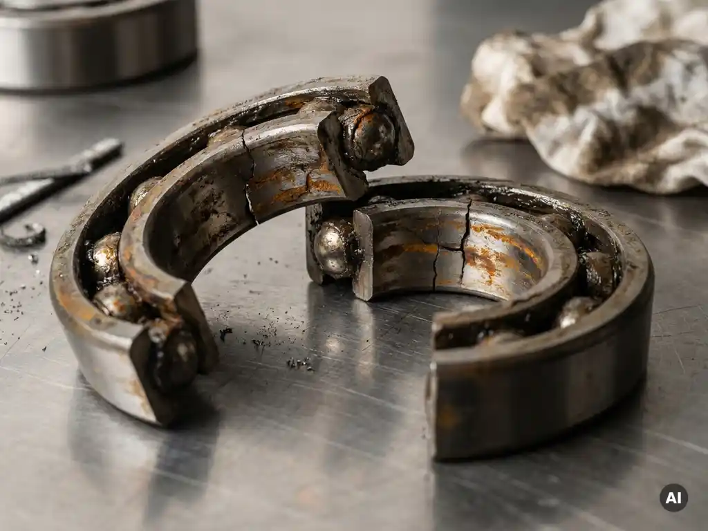 Cracked industrial ball bearing split open, revealing rust-stained inner race with metal fatigue marks and grease residue on steel surface.