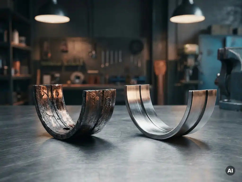 Cracked and pitted engine bearing with metal fatigue beside a pristine replacement on a steel workshop surface.