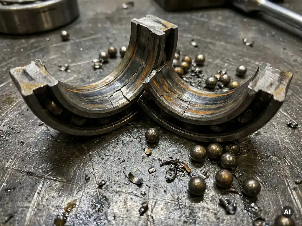 Failed industrial bearing split open on a steel workbench, showing rust and metal fatigue on the inner race with scattered steel ball bearings.